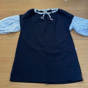 IL Gufo navy blue tunic dress blue white shirting striped puff sleeves 5A